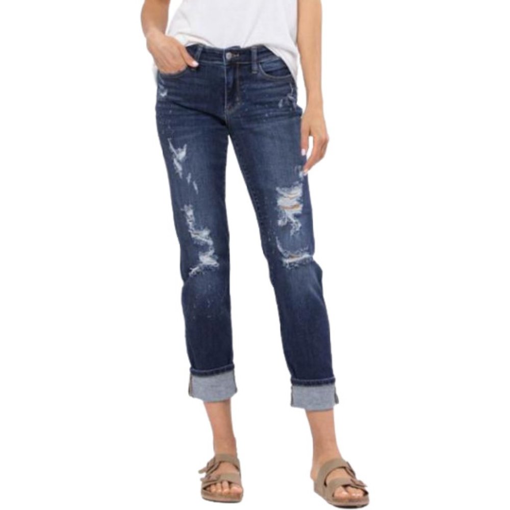 Judy Blue Mid-Rise Boyfriend Bleach Splash Destroyed Jeans - Dark Blue Wash - Picture 2 of 6